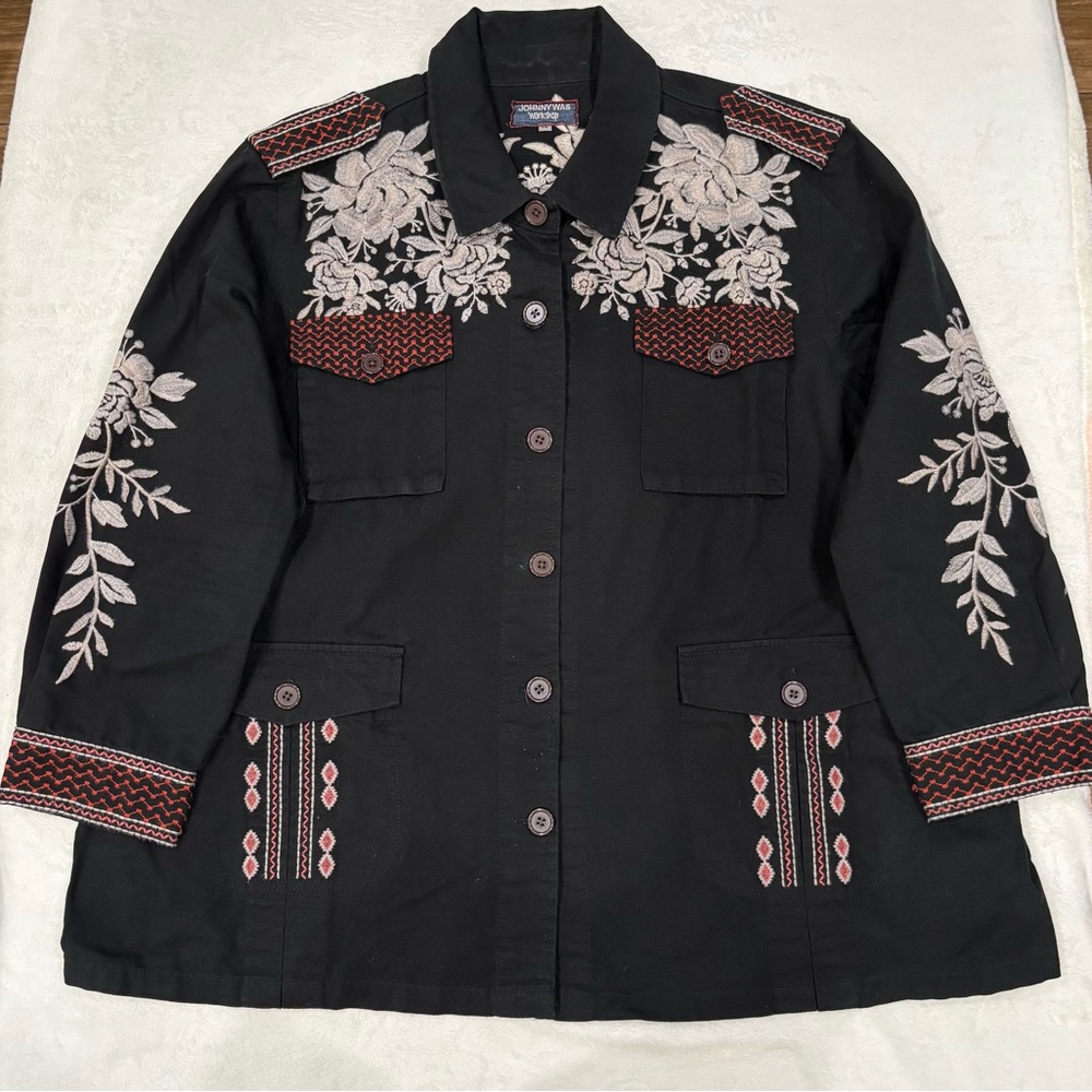 Johnny Was Black Utility Jacket with Embroidery